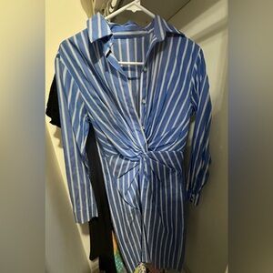 Blue and White Striped Twist Front Shirt Dress